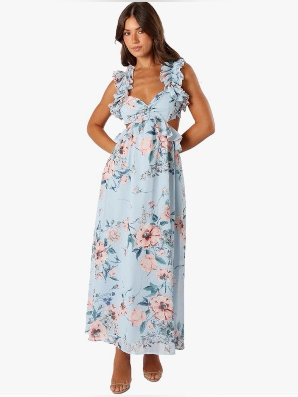 Petal & Pup Lucah Frill Shoulder Maxi Dress in the "Blue Floral" pattern